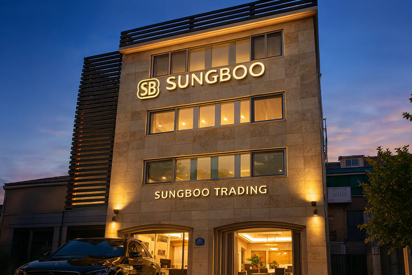 Sungboo Trading headquarters at dusk with its gold sign lit
